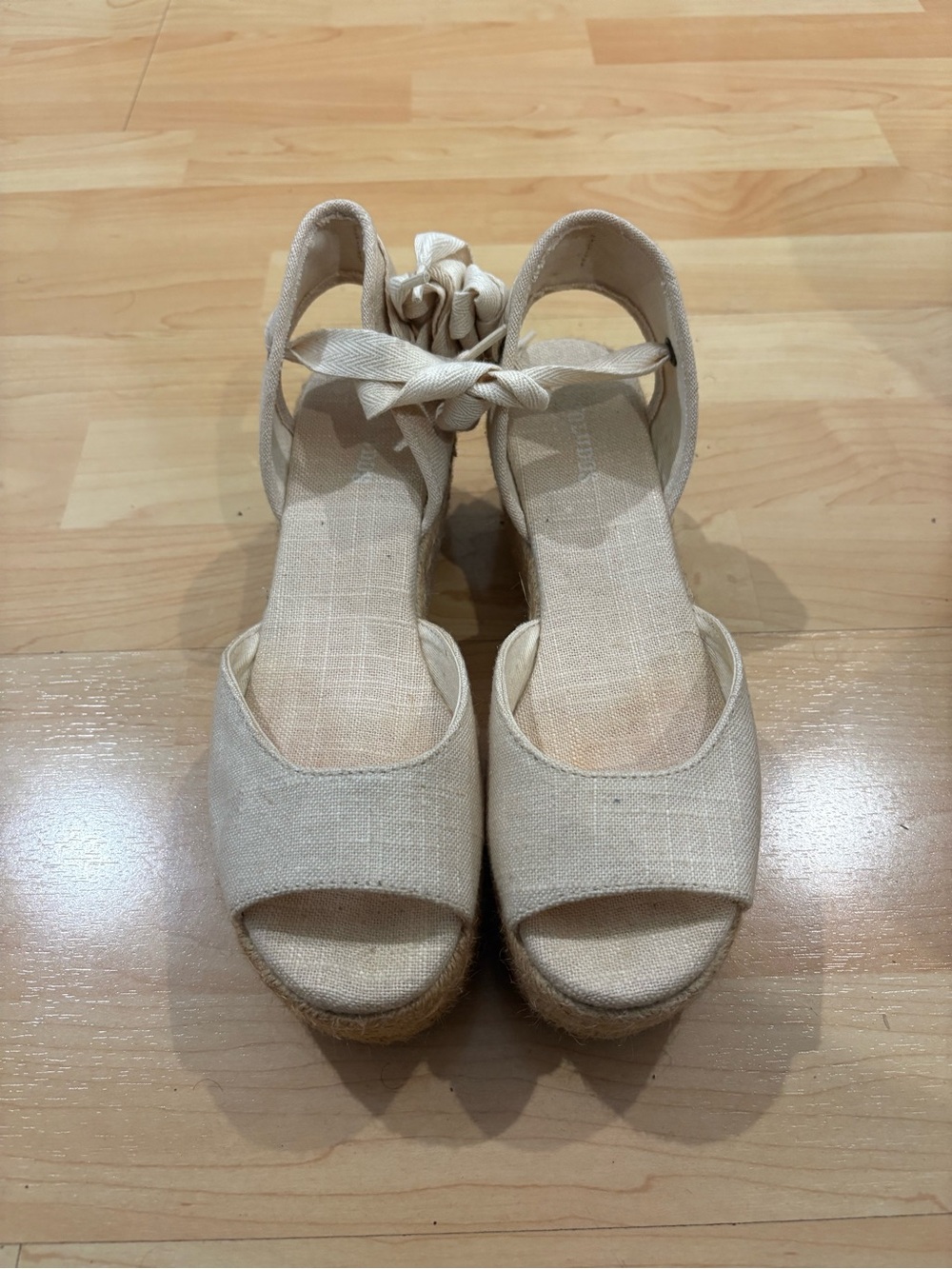 Soludos Cream Canvas Espadrille Wedge Sandals with Ankle Tie